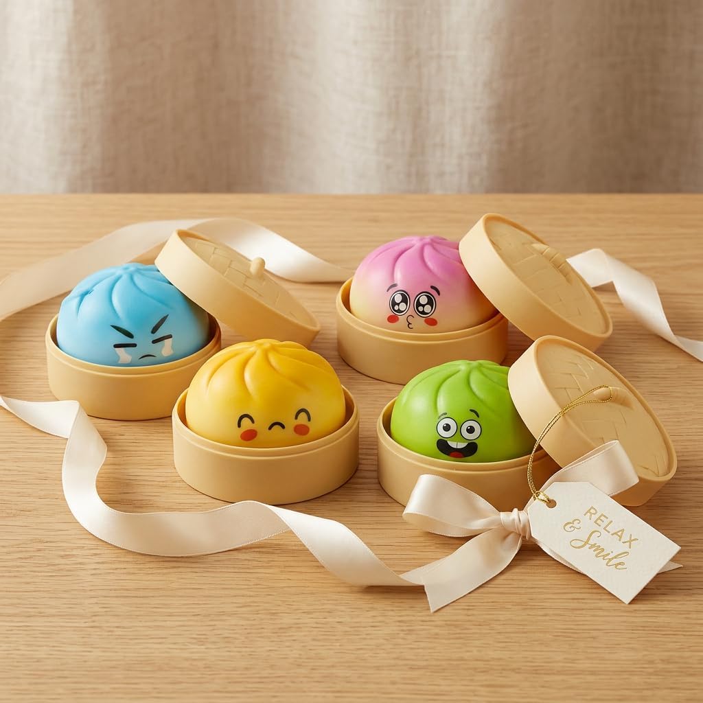 4 Pack Dumpling Squishy with Steamer Cases, Premium Slow Rising Bao Bun Stress Relief Balls, Soft PU Foam Fidget Set for Office & Home, Ideal Coworker Gift & Desktop Decor