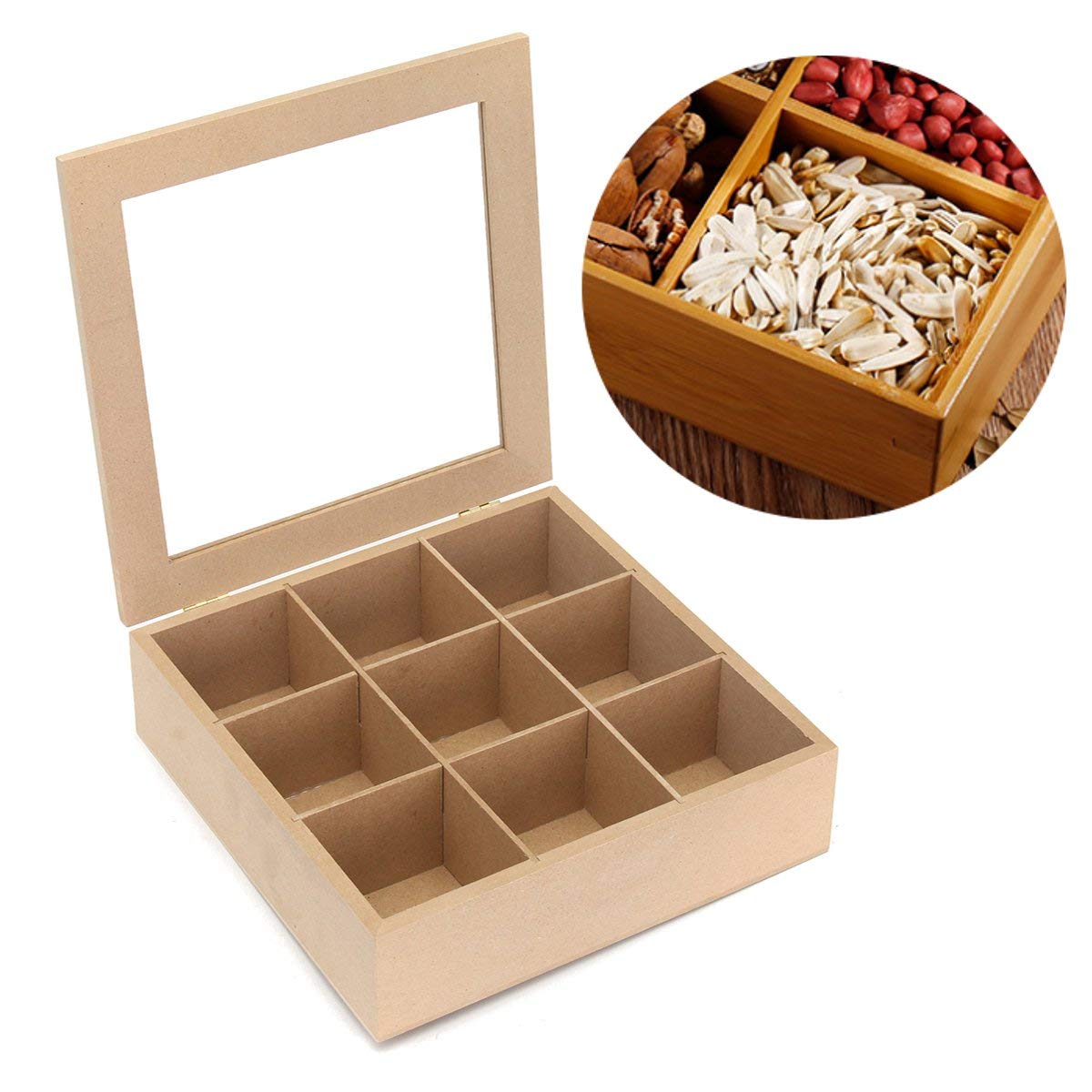 9 Compartiments Boîte À Thé En Bois Boîte À Épices Boîte À Charnière Couvercle En Verre Cuisine Cuisine
