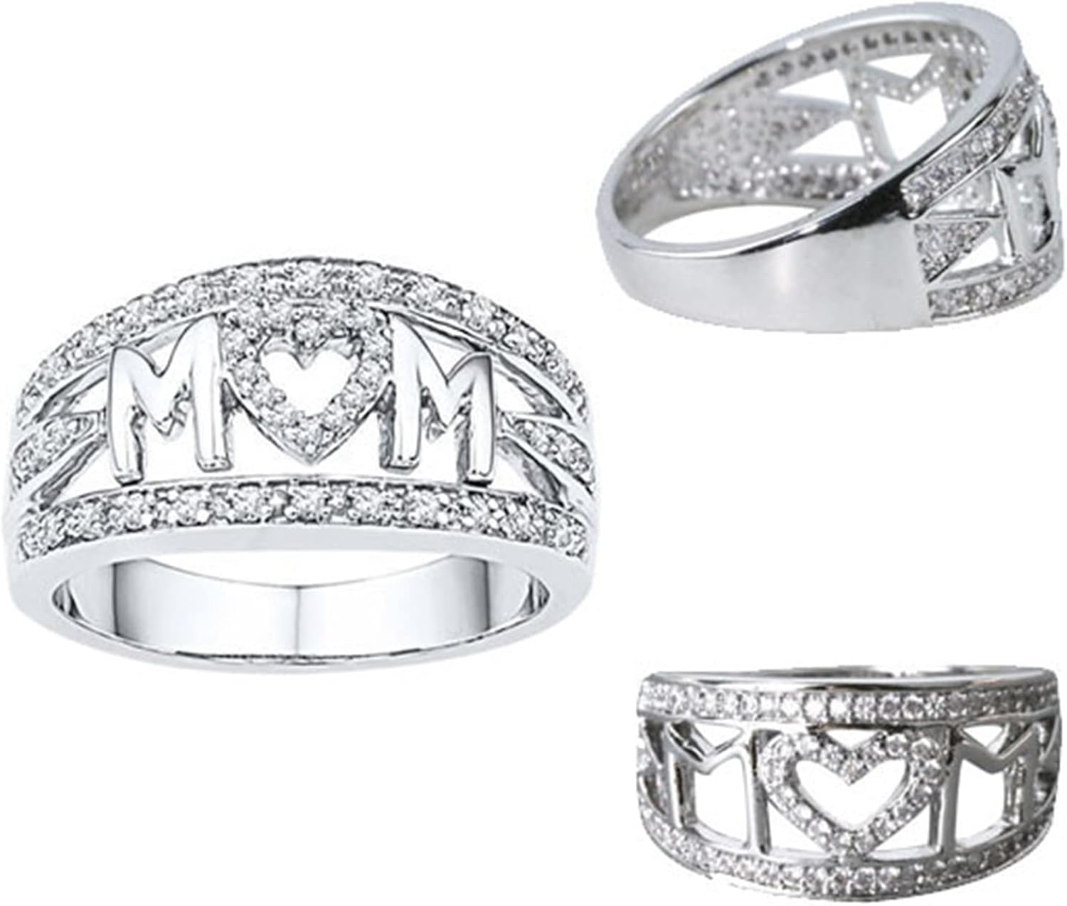 Miniatura 7 de Anillo de acero inoxidable chapado en oro blanco con diamantes de imitación para mujer, diseño de corazón con incrustaciones de microdiamantes