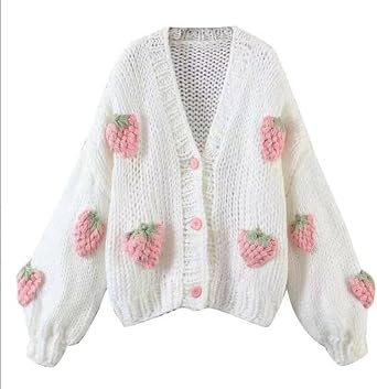 Womens Sweet Japanese Strawberry Embroidered Knit Cardigan Top Korean Retro Elegant Cute Kawaii Coat