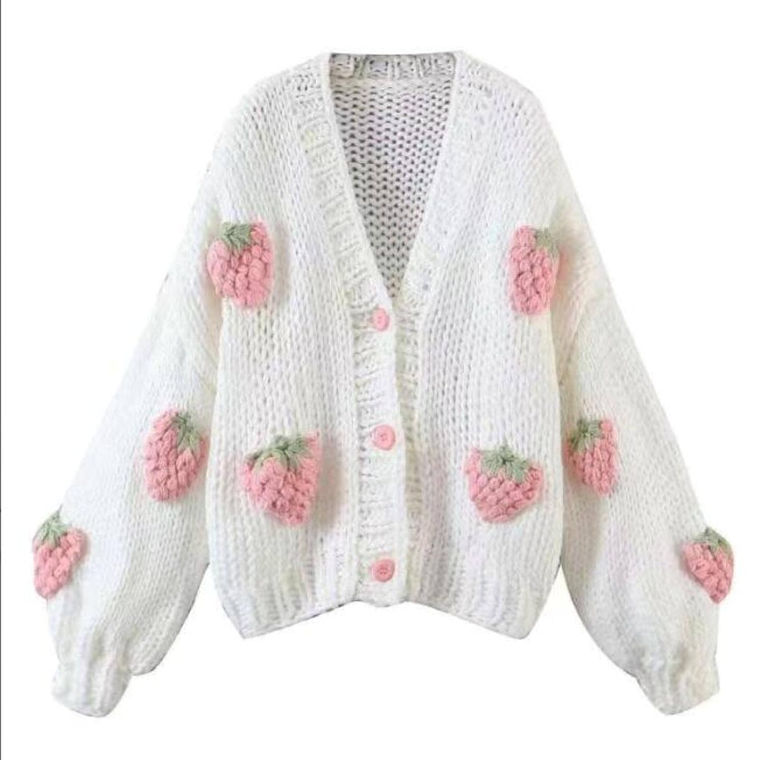 Womens Sweet Japanese Strawberry Embroidered Knit Cardigan Top Korean Retro Elegant Cute Kawaii Coat