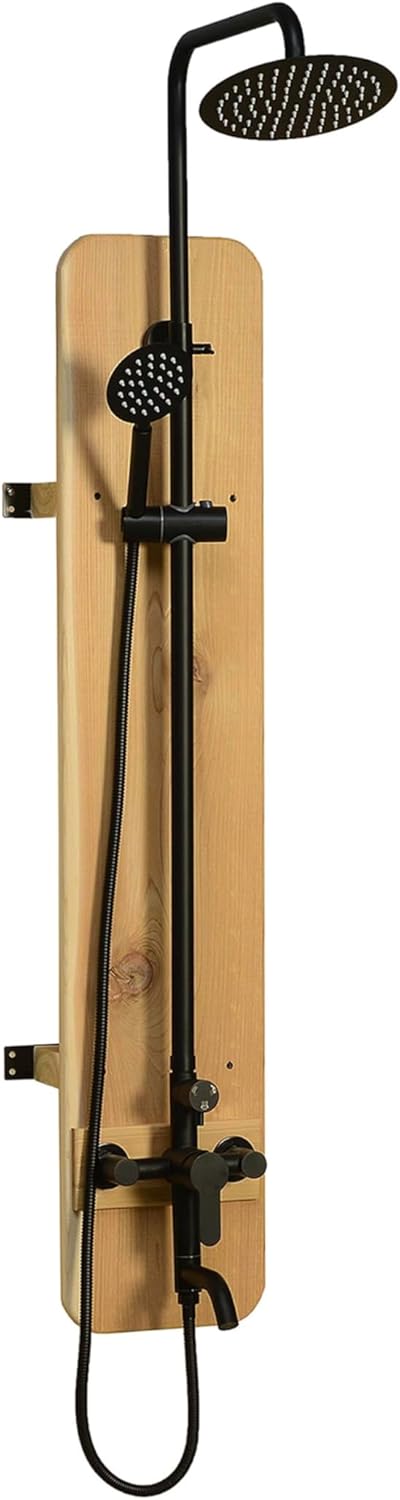 ALEKO Meridian Wall-Mounted Outdoor Shower – Western Red Cedar with Matte Black Stainless-Steel Fixture – Fully Assembled – Garden Hose or Hot/Cold Plumbing – 3 Water Outputs