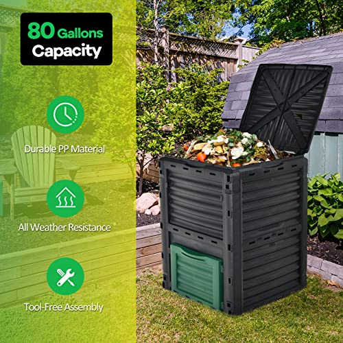 Goplus Compost Bin, 80 Gallon (300 L) Large Outdoor Composting Box W/Top Flip Latch-On Lid, Bottom Exit Door, Bpa Free Material, Grass Food Trash Composter Barrel For Garden Yard, Easy Assembly #TOP5