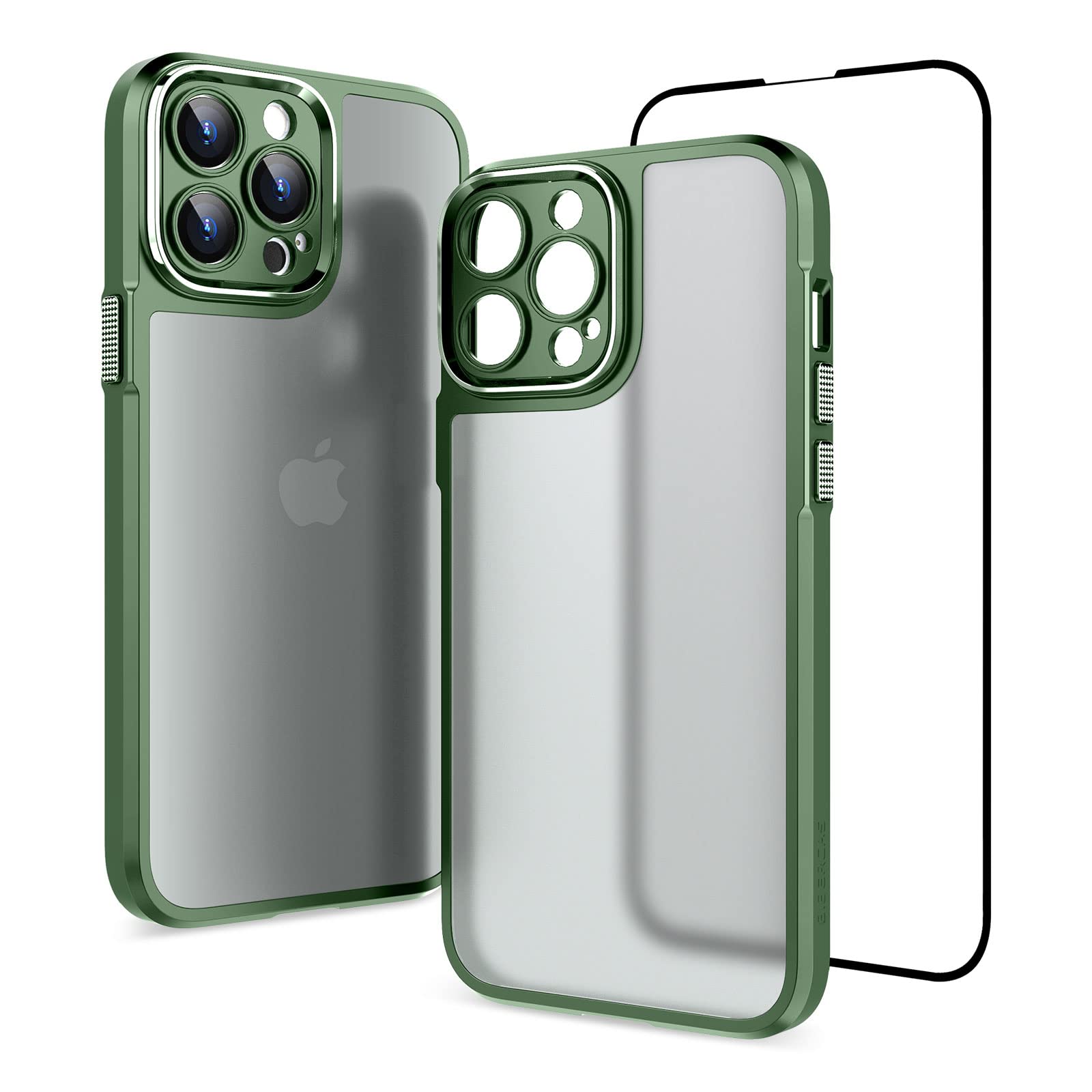 BIBERCASDesigned for iPhone 13 Pro Max Phone Case with Glass Screen Protector, Wireless Charging Compatible, Anti-Scratch Anti-Slip Phone Case Shockproof Heavy Duty Cover - 6.7 Inch (Green)