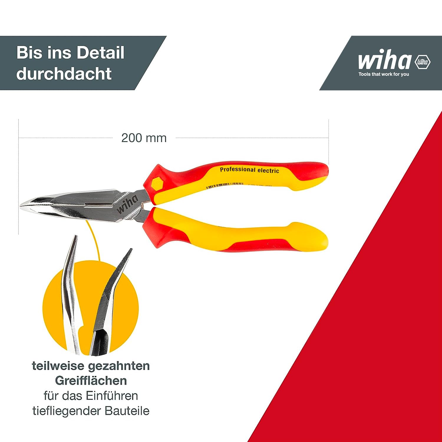 Wiha Alicates de boca semi-redonda Professional electric con filo de corte, con forma curvada, aprox. 40° 200 mm, 8" (27425)