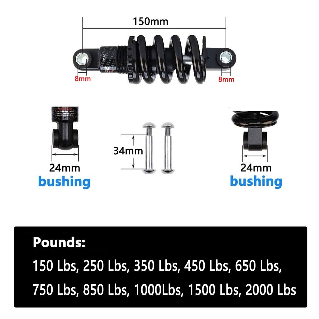 Fahrrad Frühling Stoßdämpfer MTB 150mm, Fahrrad Rückseite Weicher Schwanz Suspension Stoßdämpfer mit Buchse und Schraube (Size : 1500 Lbs)