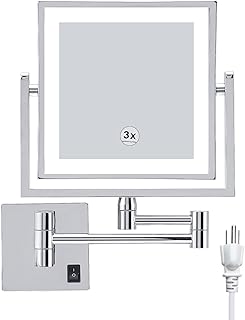 RYOOJNM Wall Mounted Makeup Mirror with Lights,8 Inch Double Sided LED 1X/3X Magnifying Vanity Mirror,Extendable Arm Shaving Mirror for Bathroom(360° Swivel,Powered by Plug)