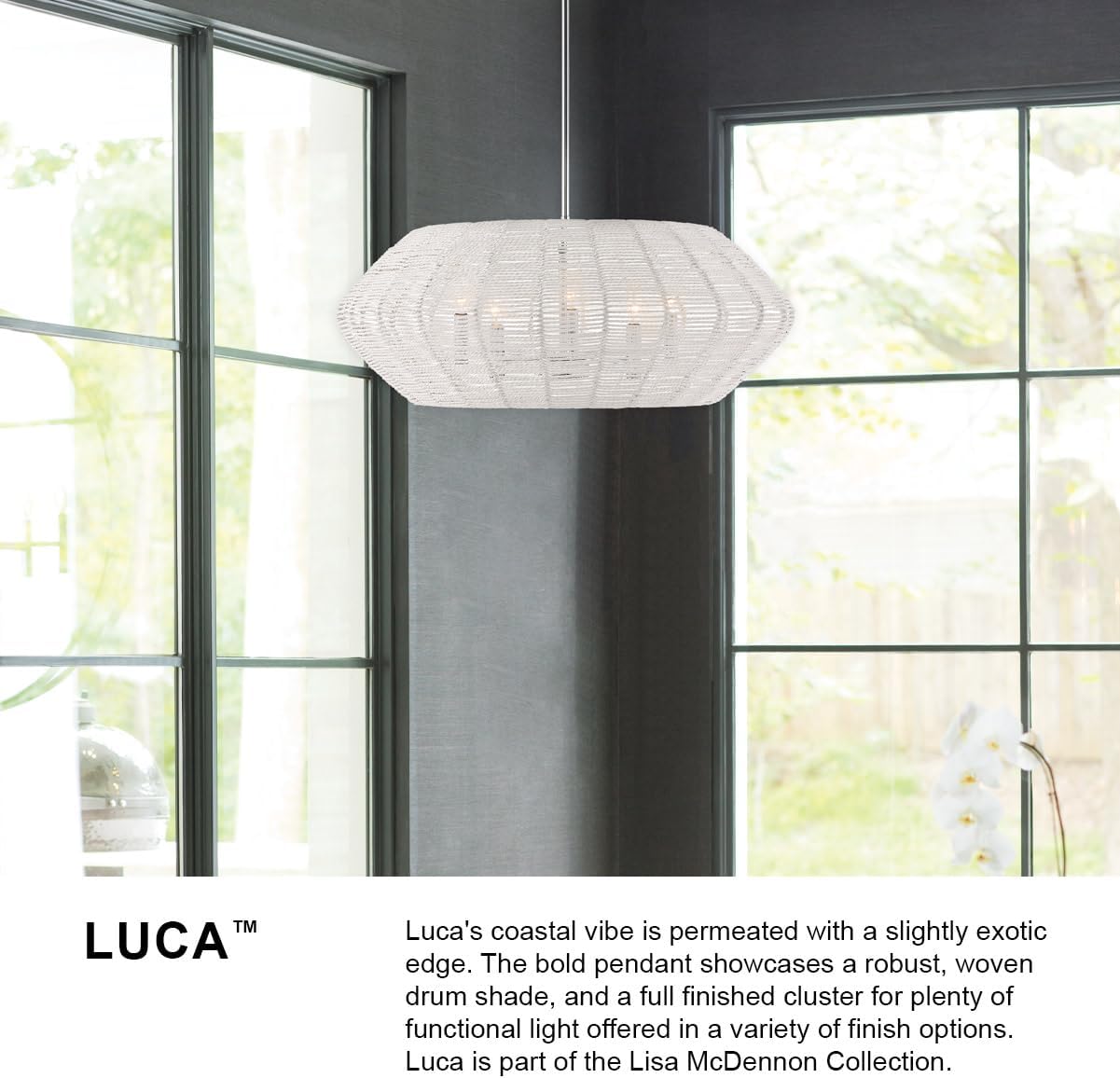 Hinkley Luca Medium Five Light Convertible Drum Pendant Chandelier – Lisa McDennon, Bohemian, Coastal, White Woven Shade – Polished Chrome Finish