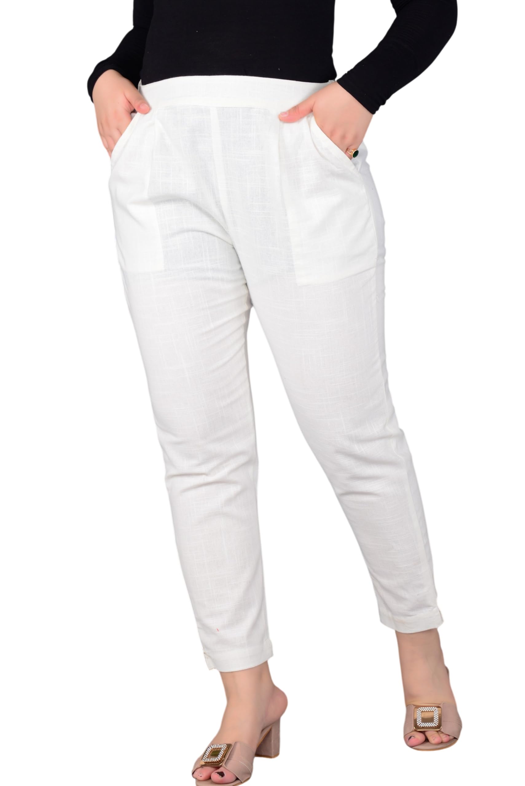Women Pure Cotton Straight Pants | Relaxed Fit Solid Trousers for Women | Elastic Waist Casual Bottom Wear for Kurti, Shirt, T-Shirt Comfortable Ladies Pants-image-10