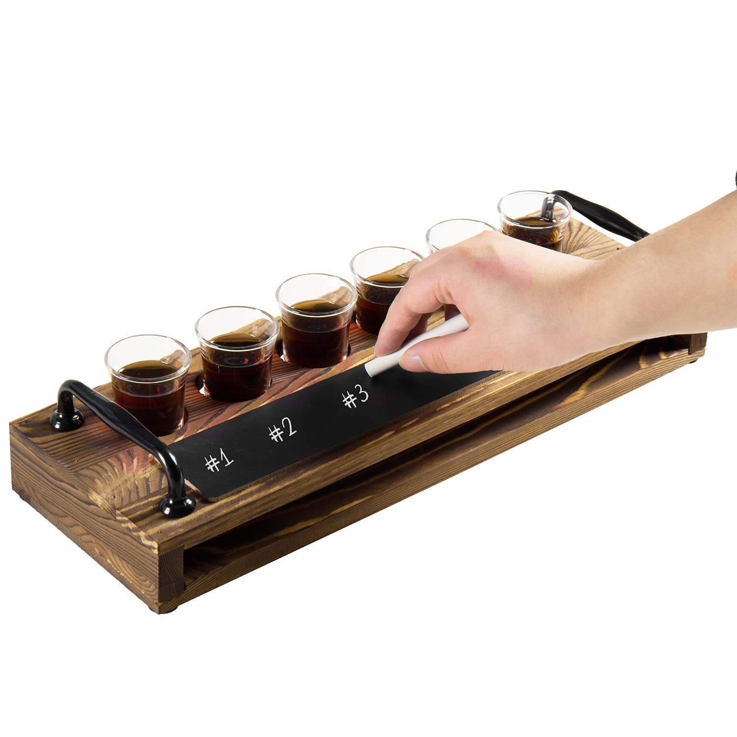 MyGift Tequila Shot Glasses Liquor Flight Tasting Set Includes Burnt Wood Serving Tray with Chalkboard Panel and Metal Handles and 6 Clear Shot Glasses