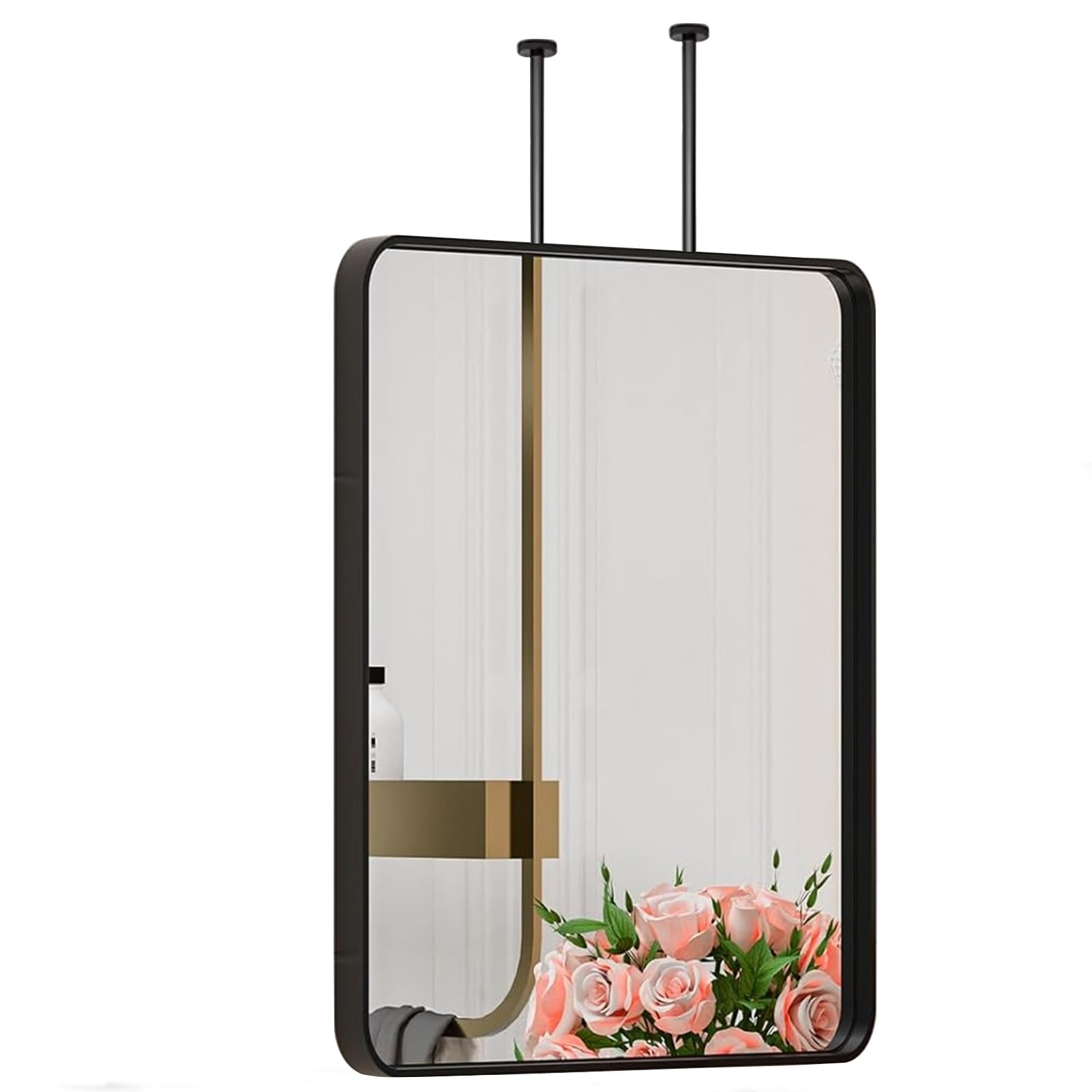 FGXHHS Square Metal Ceiling Mounted Mirror, Decorative Simple Glass Double Booms Floating Bathroom, Vanity Makeup Shaving - Boom can be customizable, Black (Size : 50x70cm)