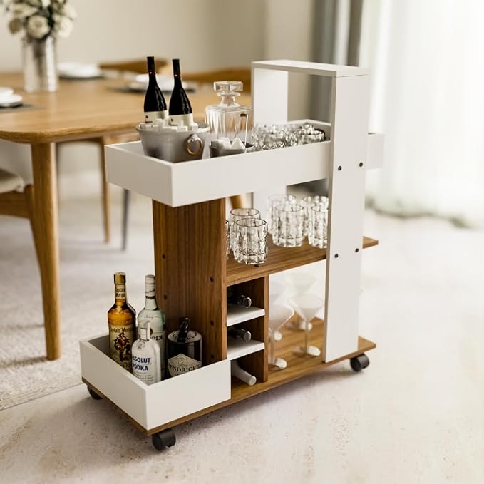 Amazon Brand - Solimo Barista Bar Trolley 3-Tier Engineered Wood Rolling Bar Cart, Wine Serving Cart with Wheels and Seasoning Rack, Ideal for Dining Room Trolley - White and Leon Teak Finish