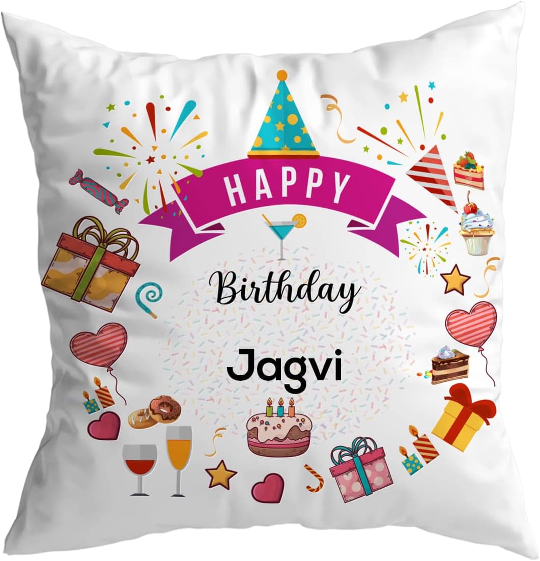 ASHVAH Happy Birthday Jagvi Cushion Cover with Filler for Daughter, Sister, Girlfriend, Wife, Name - Jagvi