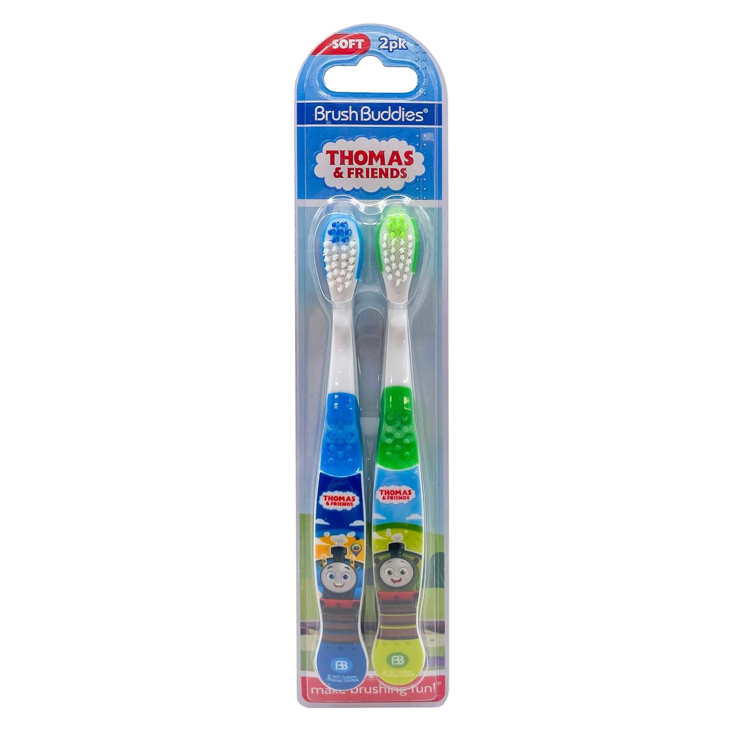 Thomas and Friends Kids Toothbrush Twin Pack – Manual Toothbrushes for Toddlers & Children Ages 3+ – Soft Bristles – Green & Blue – Character Toothbrush for Boys & Girls