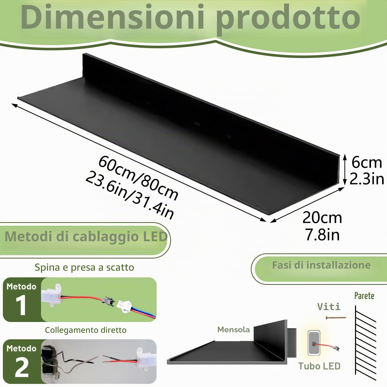 Regali a parete sospesi in metallo simdennr con luci LED, scaffale espositivo a sospensione per soggiorno, cucina, bagno, scaffale espositivo con luci LED integrate, nero, 60 cm