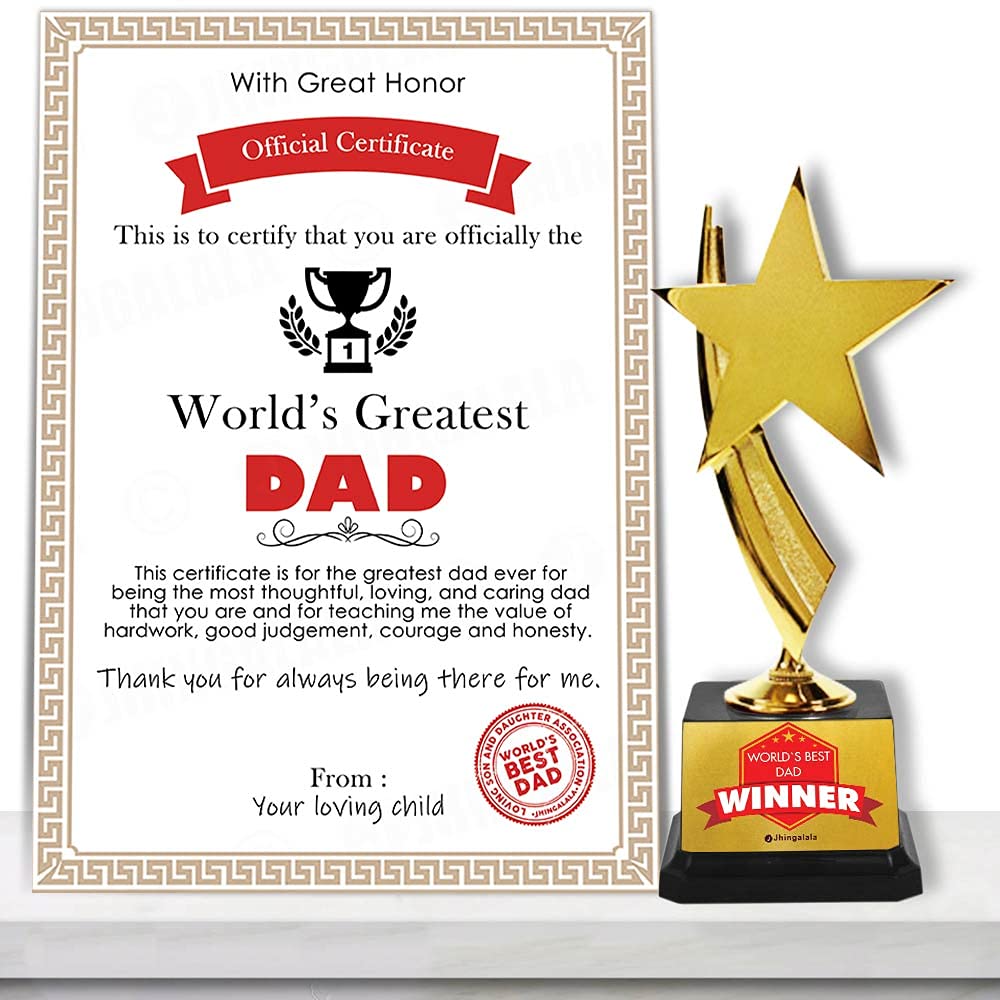 Jhingalala Paper World's Greatest Dad Certificate with Alloy and Plastic World's Best Dad Winner Trophy for Father (Multicolour, Size: A4, 30 x 21 cm, Unframed)
