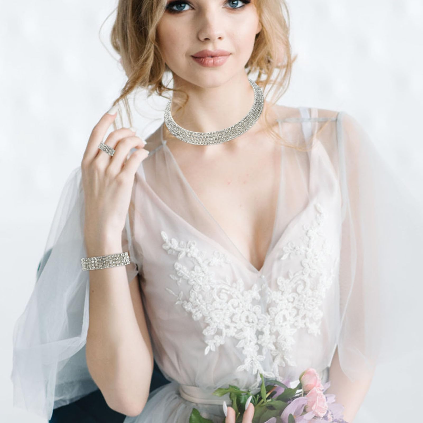 LIFKOME Novia Pendientes collares para mujer bolsas Collar plateado anillo collar de diamantes de imitación para mujer de joyería de san valentín aleación Silver