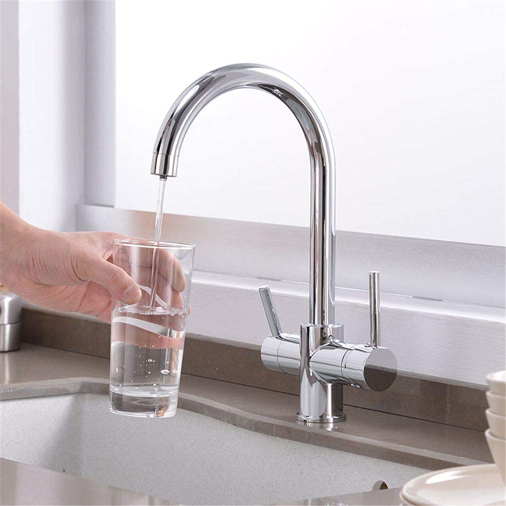 Robinet 3 voies avec filtre eau pure mitigeur de cuisine double commande en laiton chrome