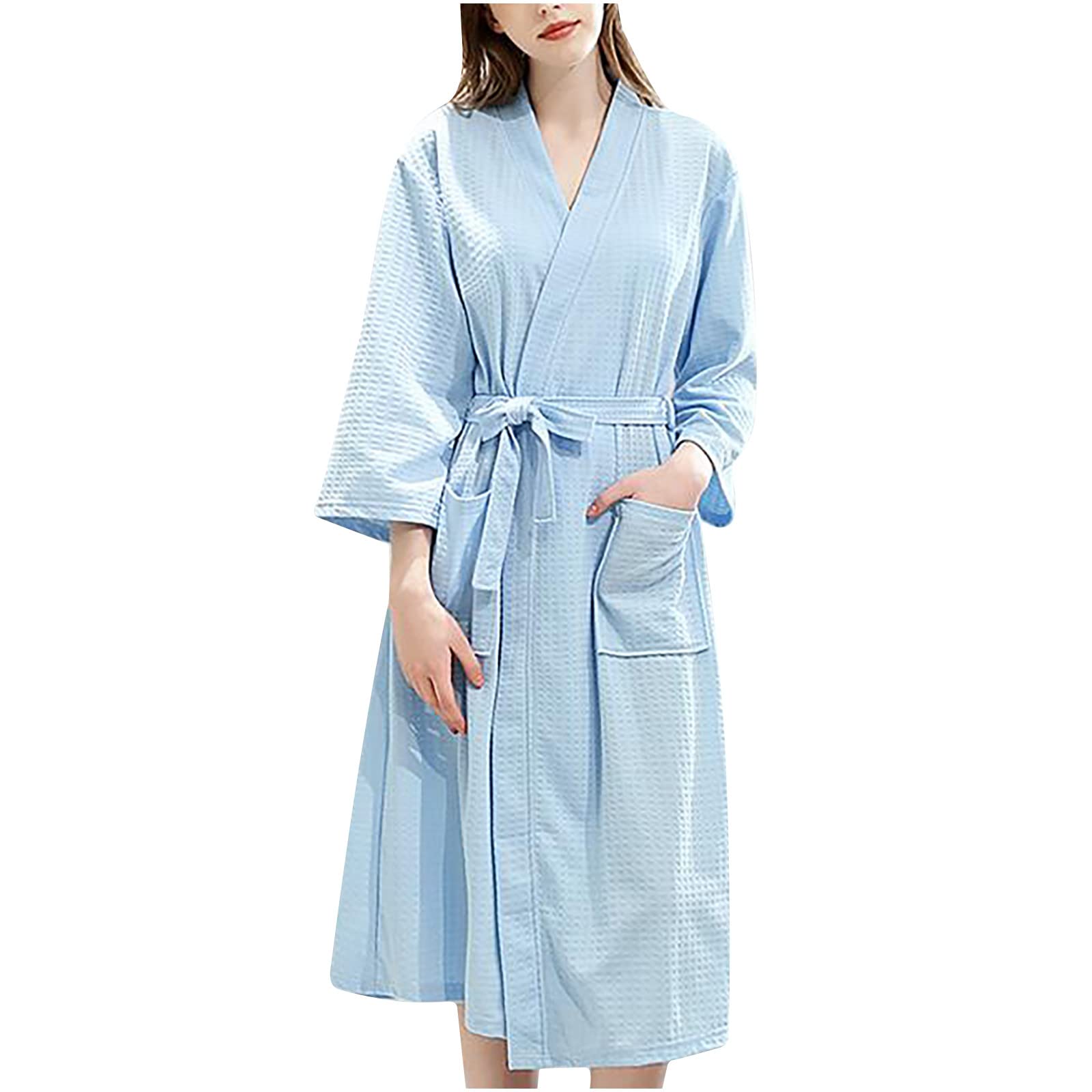 Dressing Gown Womens Lightweight Waffle Full-Length Robe Gowns Long Bathrobe Soft Luxury Dressing Gown Pajamas V Neck Long Sleeves Bath Robes with Belt
