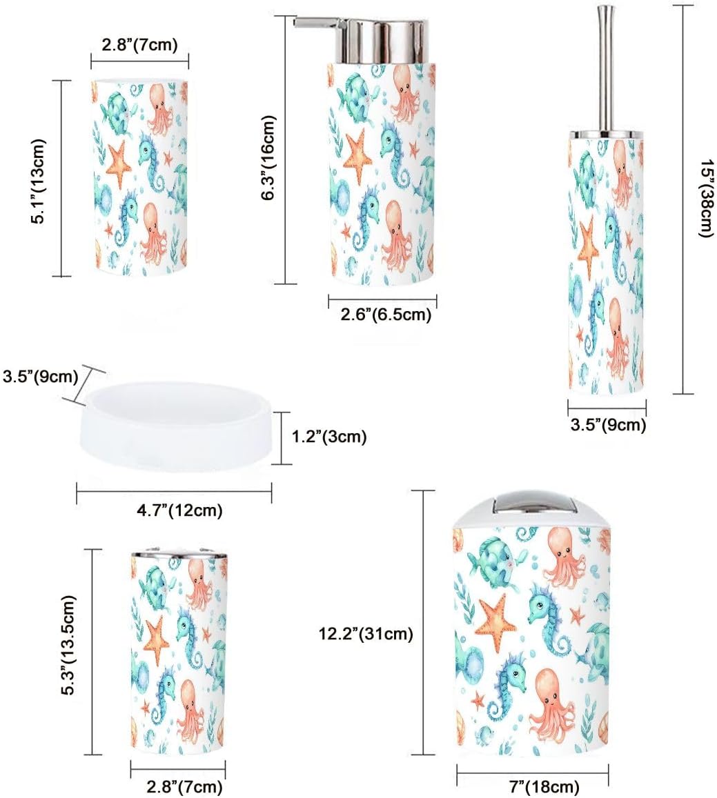 Bathroom Accessories Set 6 Pcs Kids Bathroom Decor Seahorse Starfish Octopus Cute Children Toothbrush Holder Cup Soap Dispenser Soap Dish Toilet Brush Holder Trash Can for Countertop Decor