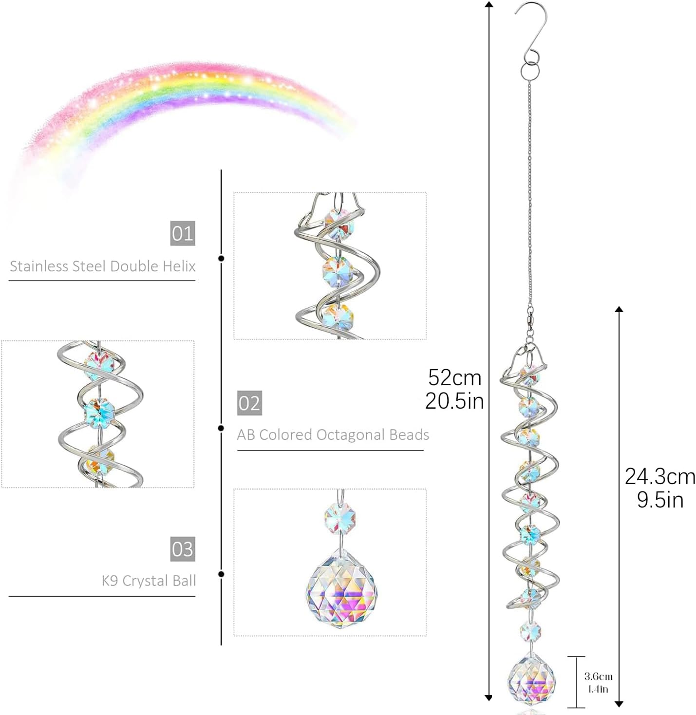 H&D HYALINE & DORA Gazing Ball Spiral Tail with AB Glass Ball Wind Spinner Spiral Hanging Rotating for Indoor Outdoor Decoration 20.5 Inch - Image 6