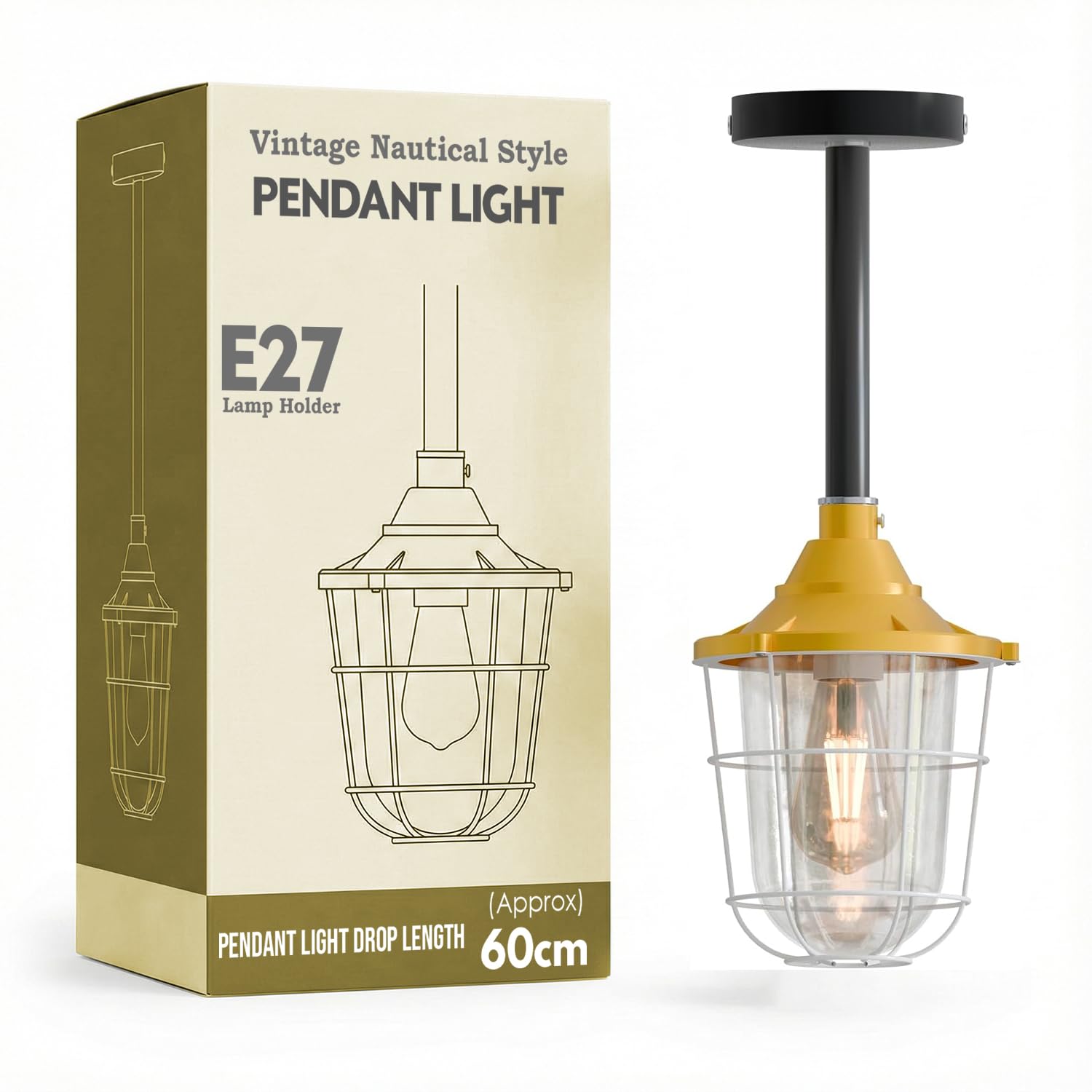LEDSone Industrial Steampunk Style Conduit Pipe Pendant Light Metal Yellow Fisherman's Style Cage Hanging E27 Indoor Ceiling Rose Pendant Light Fitting for Kitchen Room Decor Energy Efficient A+
