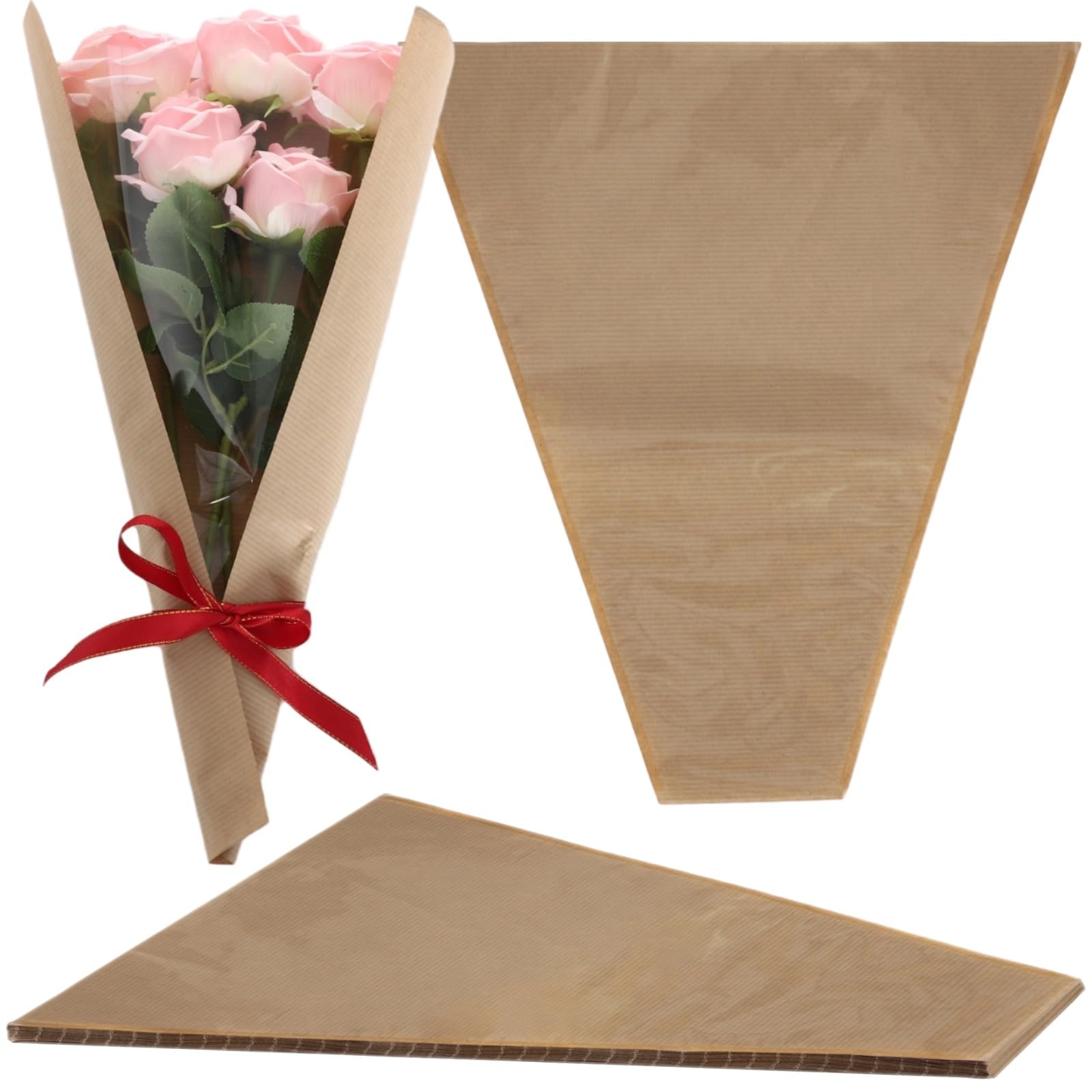 100 szt. papieru do pakowania bukietów kwiatów, 35 x 40 cm, torebki z papieru kraftowego z przezroczystym przednim okienkiem, rękawy z różą kwiatową, na ślub, wieczór panieński, rocznicę, urodziny