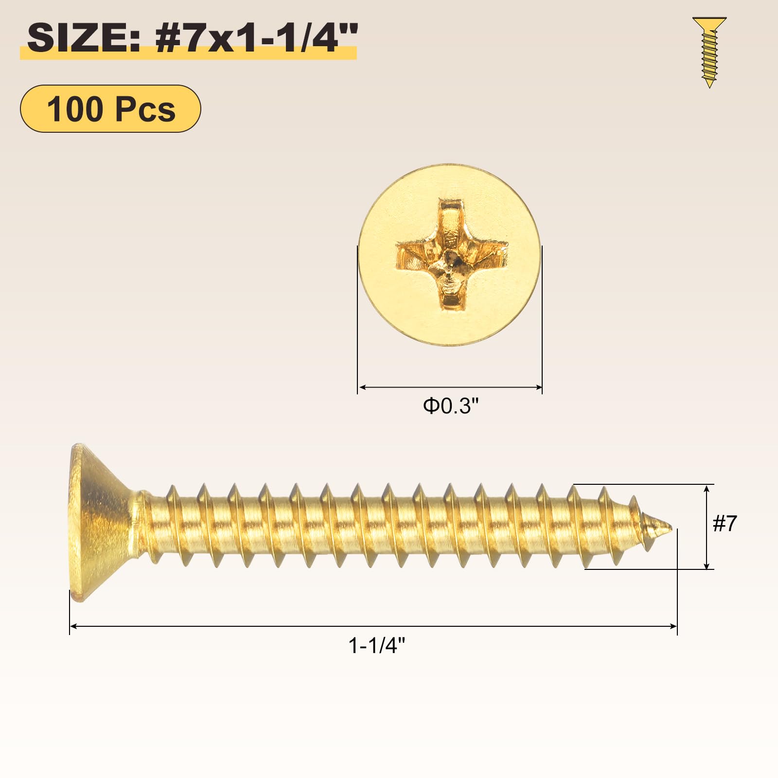 METALLIXITY Countersunk Phillips Wood Screw (#7x1-1/4") 100Pcs, Brass Coarse Thread Phillips Drive Flat Head Wood Screws - Image 2