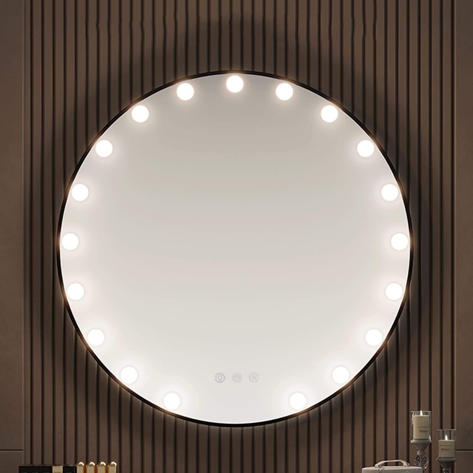 Espejo De Maquillaje Redondo, Espejo De Tocador De Pared, Espejo De Tocador con Bombilla Led, Espejo Cosmético De Tocador con Pantalla Táctil, Tres Fuentes De Luz De Col,Gold-50cm