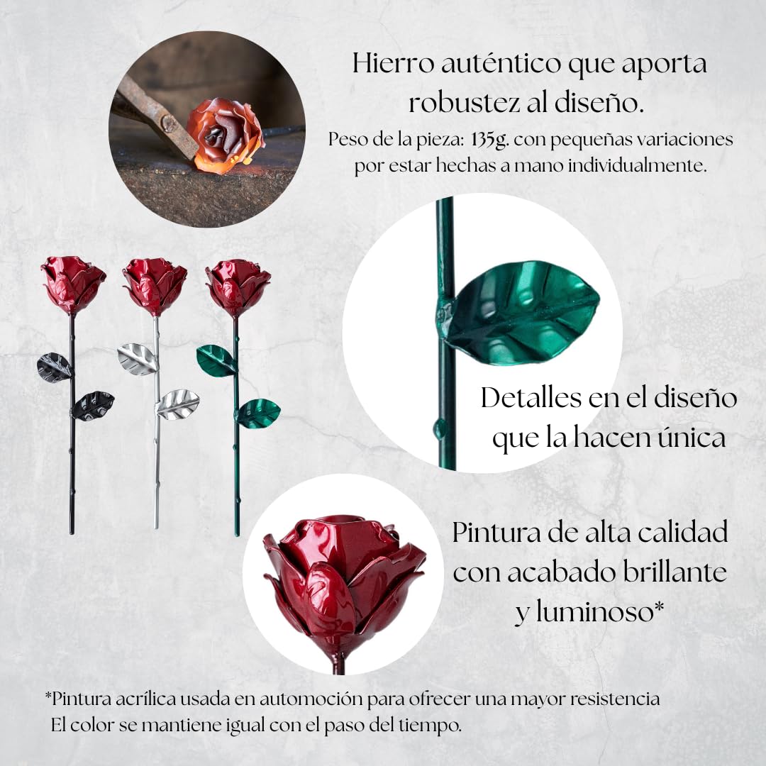 Forging Art Bcn® Rosa Eterna de Hierro Forjada a Mano - Regalo Día de la Madre, San Valentín, Bodas de Hierro (6 Aniversario) (Roja/Verde sin Base)