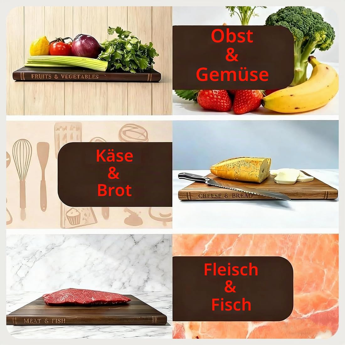 Schneidebrett Holz Buchoptik, Book Cutting Board mit Ständer, Holzschneidebrett, Das Sieht aus wie Bücher, Geeignet für Käse, Brot, Fleisch und Gemüse (Dreiteiliges Set + Ständer (3 * Schneidebrett))