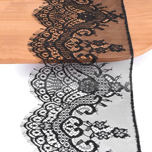 Black Lace Fabric Ribbon Vintage Eyelet Trim 7.5 Inch Wide 120 Inch Long Black Lace Trim Ribbon Floral Pattern for Sewing Crafting Wedding Decor Gift Wrapping