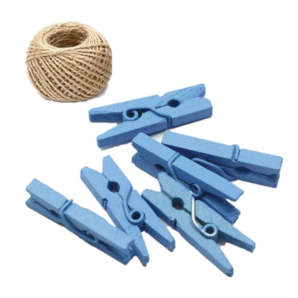 100 Colored Wooden Large Pegs 45mm Clothespins Craft Photo Clips with 20 Meters Jute Twine for Craft Rustic Decoration(SkyBlue)