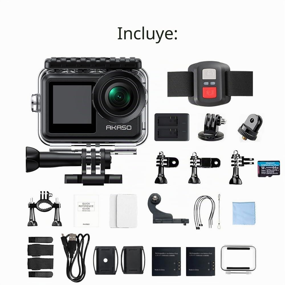 AKASO Brave 7 LE Cámara Deportiva 4k30FPS 20MP WiFi con Tarjeta de Memoria U3 de 64 GB, Cámara Acuatica Sumergible 40M IPX7, Resistente al Agua, EIS, Pantalla Táctil