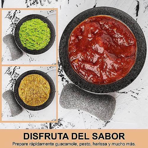 Miniatura 3 de Tortillada Juego De Mortero Y Maja De 16cm, Grande, Hecho De Granito Natural Con Base De Madera Antirayaduras, Molinillo De Hierbas Y Especias De Granito Con 50 Recetas, Color Negro