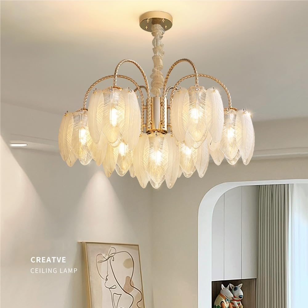 Nowoczesna lampa wisząca, szklane żyrandole, nordyckie, matowe pióra, vintage, złote, wiszące do sypialni, kuchni, wyspy, salonu, przedpokoju
