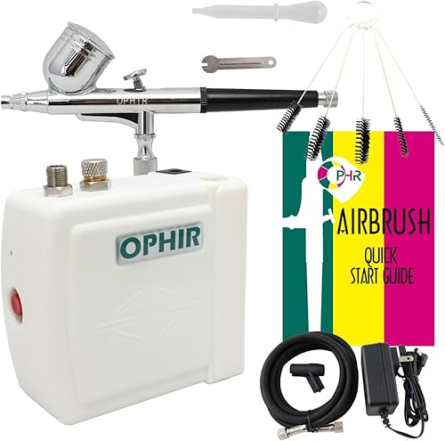 OPHIR Kit de mini compresor de aire portátil de aerógrafo de doble acción con cepillo de limpieza, pistola de pulverización ajustable para