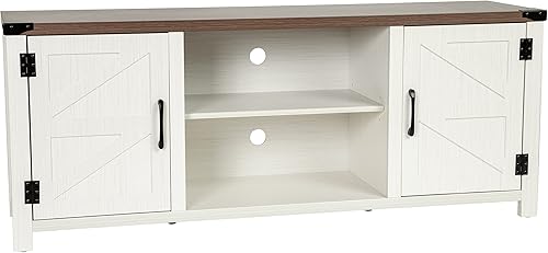 Miniatura 2 de BizChair Moderno soporte de TV con puerta de granero, centro de entretenimiento blanco lavado de 59 pulgadas, para televisores de hasta 65 pulgadas,