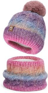 Women Winter Hat Scarf Set,Pom Pom Wool Warm Fleece Beanie Knit Neck Scarf Snow Cap