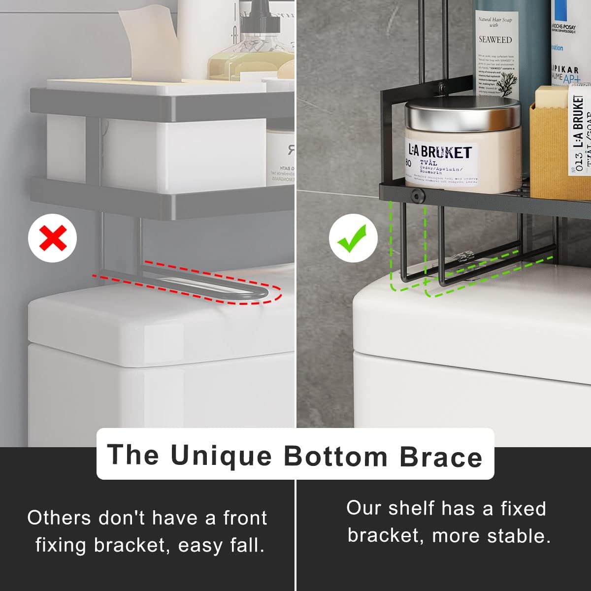 FLOLXNB Over The Toilet Storage Shelf, 2-Tier Bathroom Storage Organizer Upgrade Punch-Free Toliet Storage Shelf, Home Storage Rack with Hooks Shelf,Black