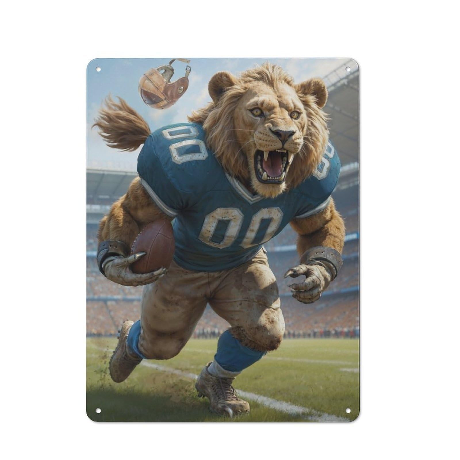 Industrial Tin Wall Sign 40x30cm Featuring Gridiron Lion Football, Urban Room Decor for Workspace, Cafe, Hallway Or Garage