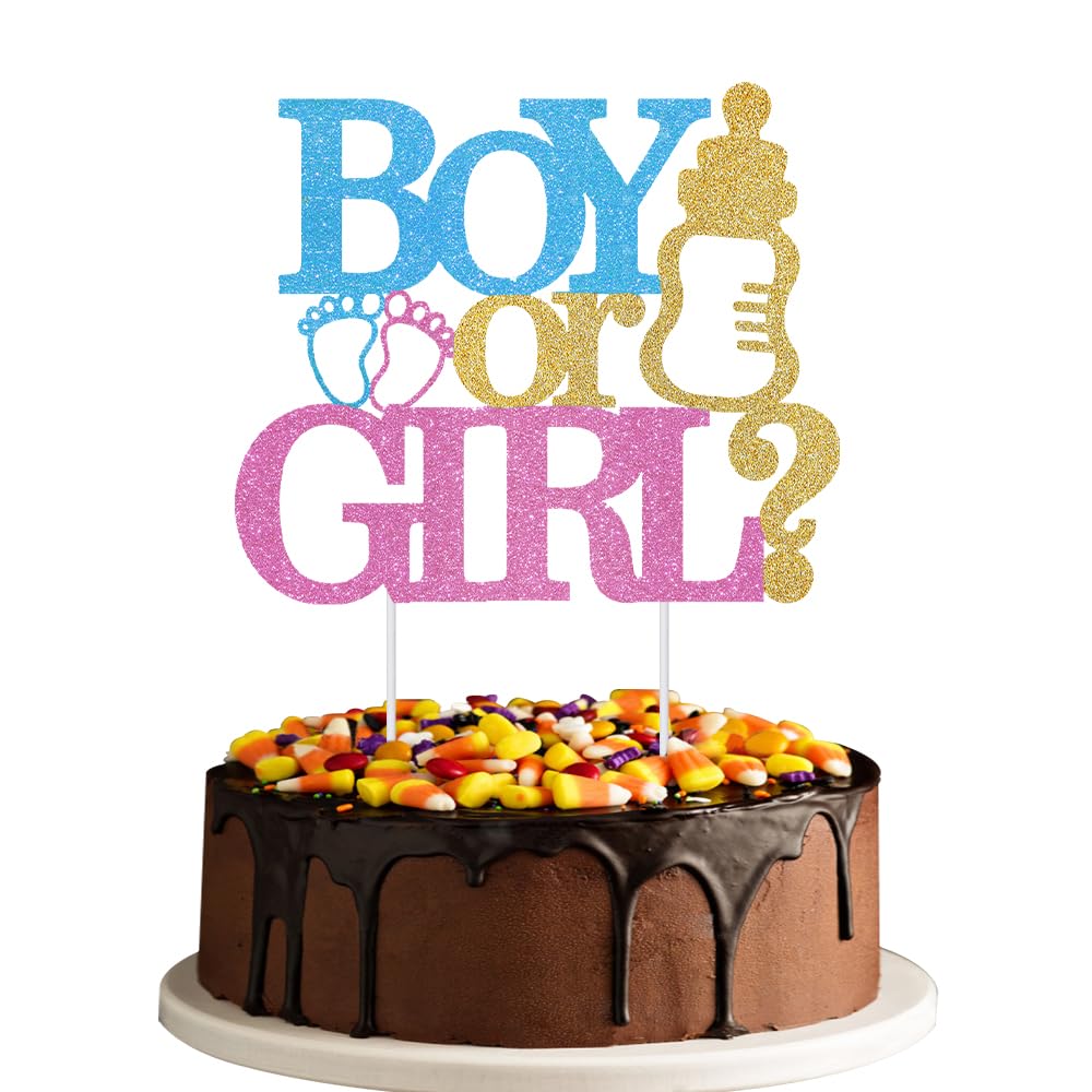 HSC Gender Reveal Cake Toppers, Baby Shower Decorations, Boy or Girl Glitter Cake Topper with Blue Pink Gold - Image 4