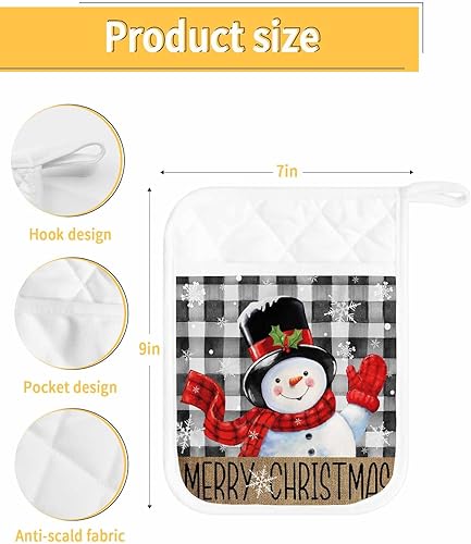 Miniatura 3 de Snowman Plaid Black 2Pcs Pot Holders for Kitchen,Non Slip & Heat Insulation Terry Cloth Potholder Set with Pocket,Thick Hot Pad Oven Mitts Trivet