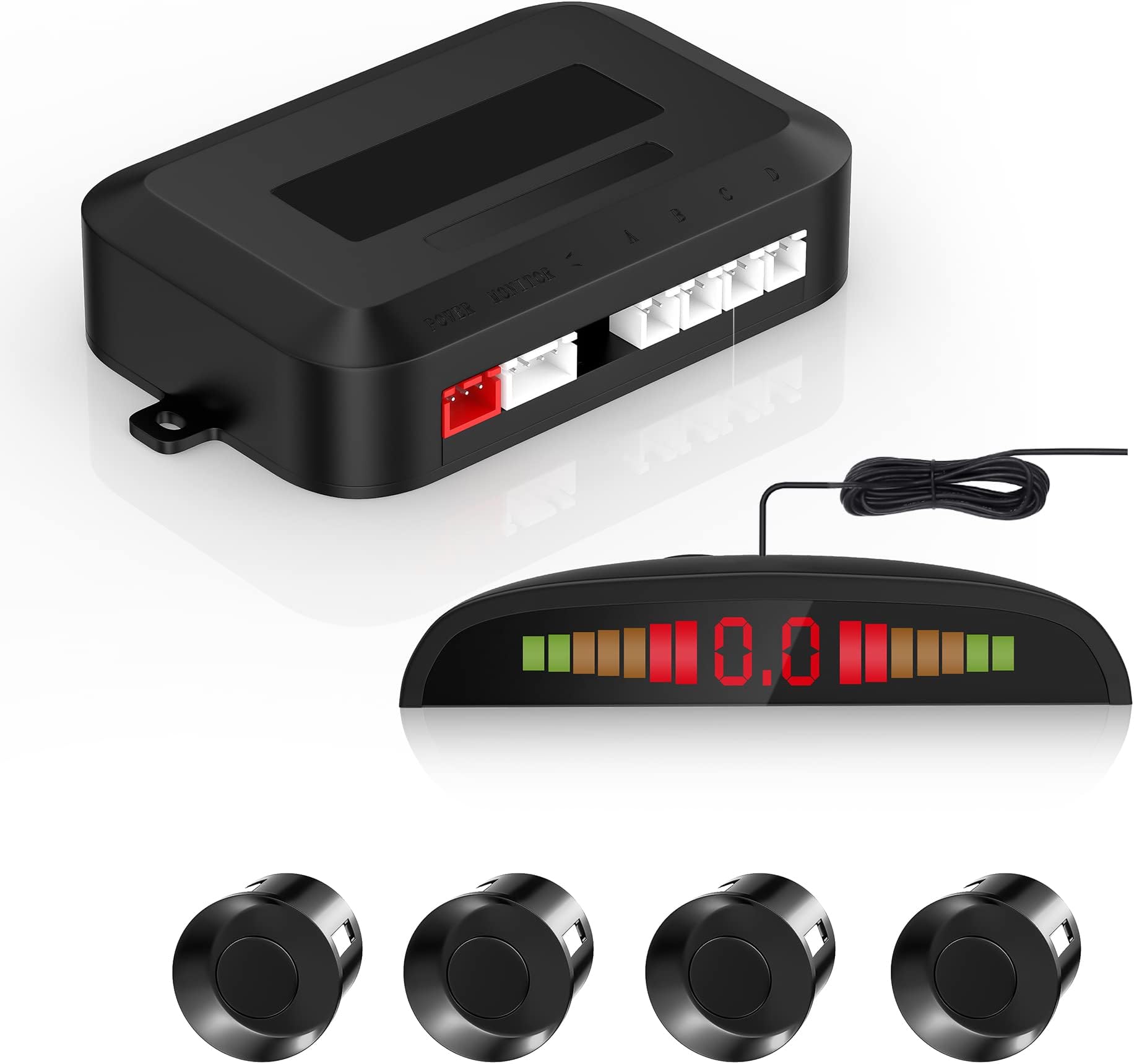 EKYLIN Car Auto Vehicle Reverse Backup Radar System with 4 Parking Sensors Distance Detection + LED Distance Display + Sound Warning (Black Color)