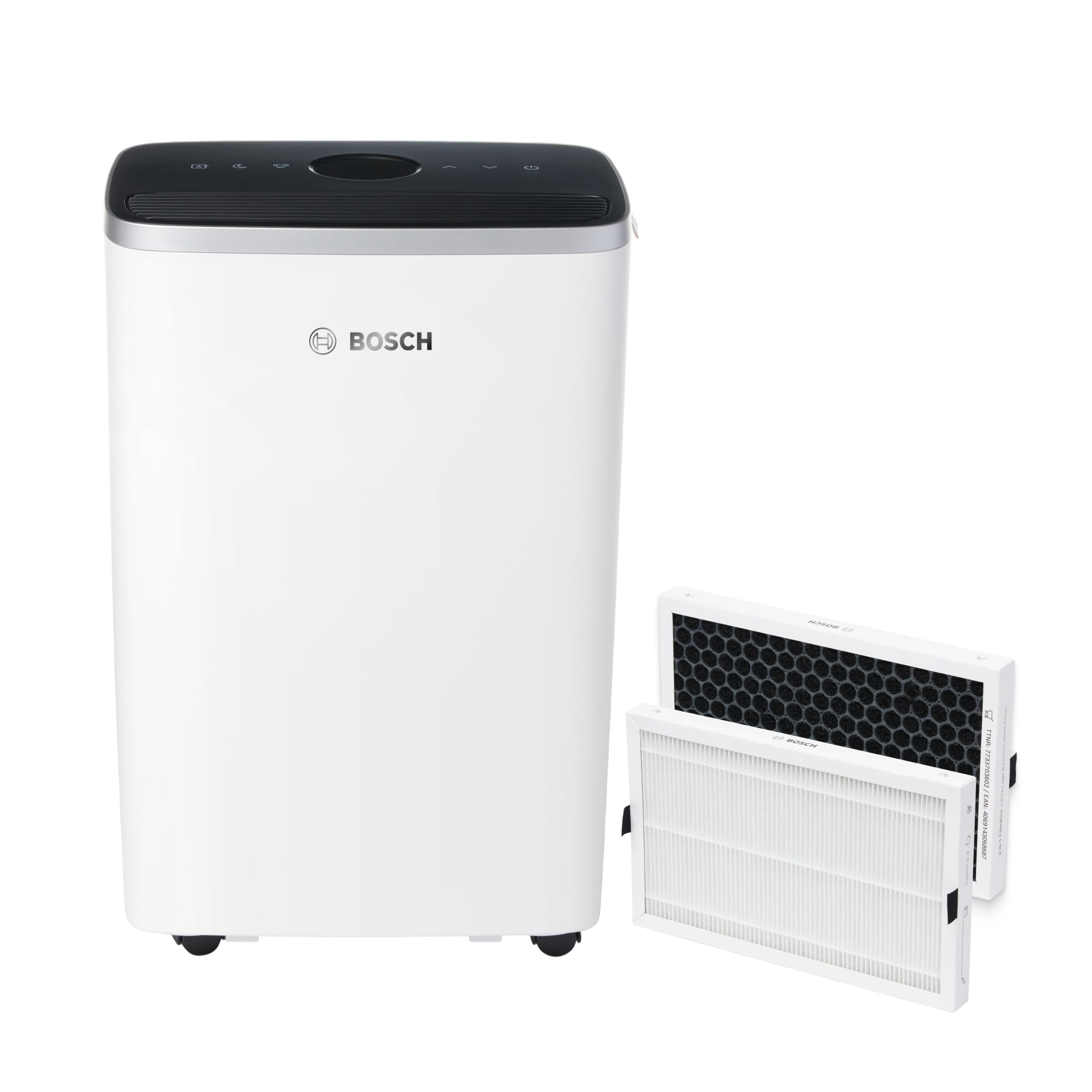 Bosch Dry 4000 Luftentfeuchter + Ersatzfilter für Luftentfeuchter der Dry Serie Bundle - Mit 2er-Pack Filter, 3 Modi und 2,5-Liter-Wassertank - Für Räume Bis Zu 33 m²