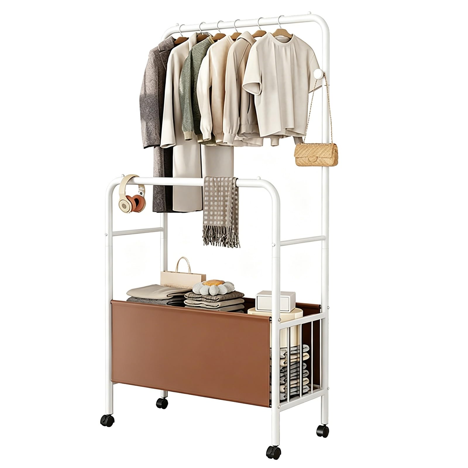 JYBNBBE Rolling Clothes Rack with Storage Basket, Garment Rack on Wheels with Hanging Rod & Side Hooks for Bedroom Laundry Display,White-60cm/23.6in