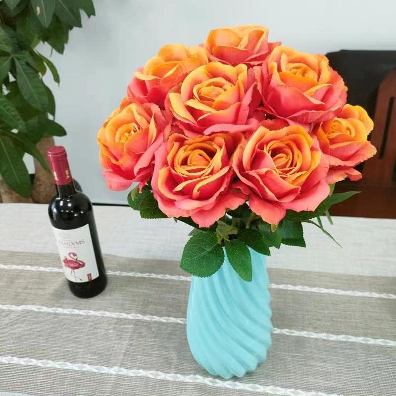 ATFL Fake Sunset Red Roses Artificial Flowers Bulk,Floral Diameter 4'',12 Pcs Artificial Silk Roses Flowers with Stems for Wedding Arrangement Centerpieces Party Home Table Decorations (Orange & red) - Image 4