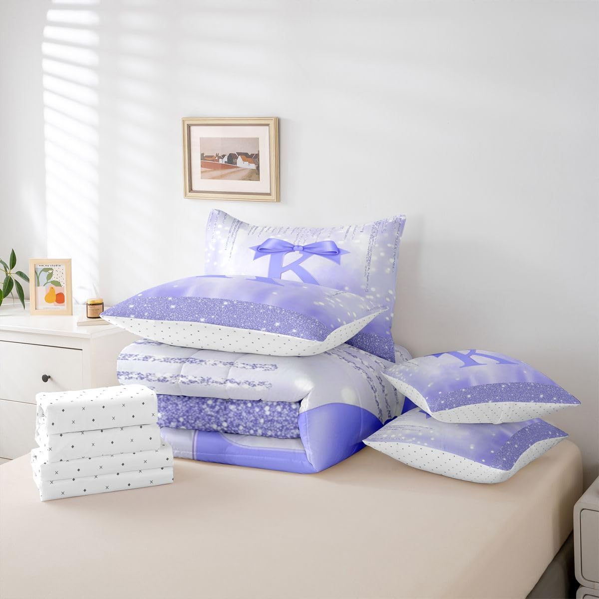 Feelyou Purple Bowknot Comforter Set with Sheets 7 Piece Twin Size Initial Letter K Bed in a Bag Kids Boys Girls Princess Glitter Bedding Set Cute Bow Alphabet Bedroom Decor Breathable Soft