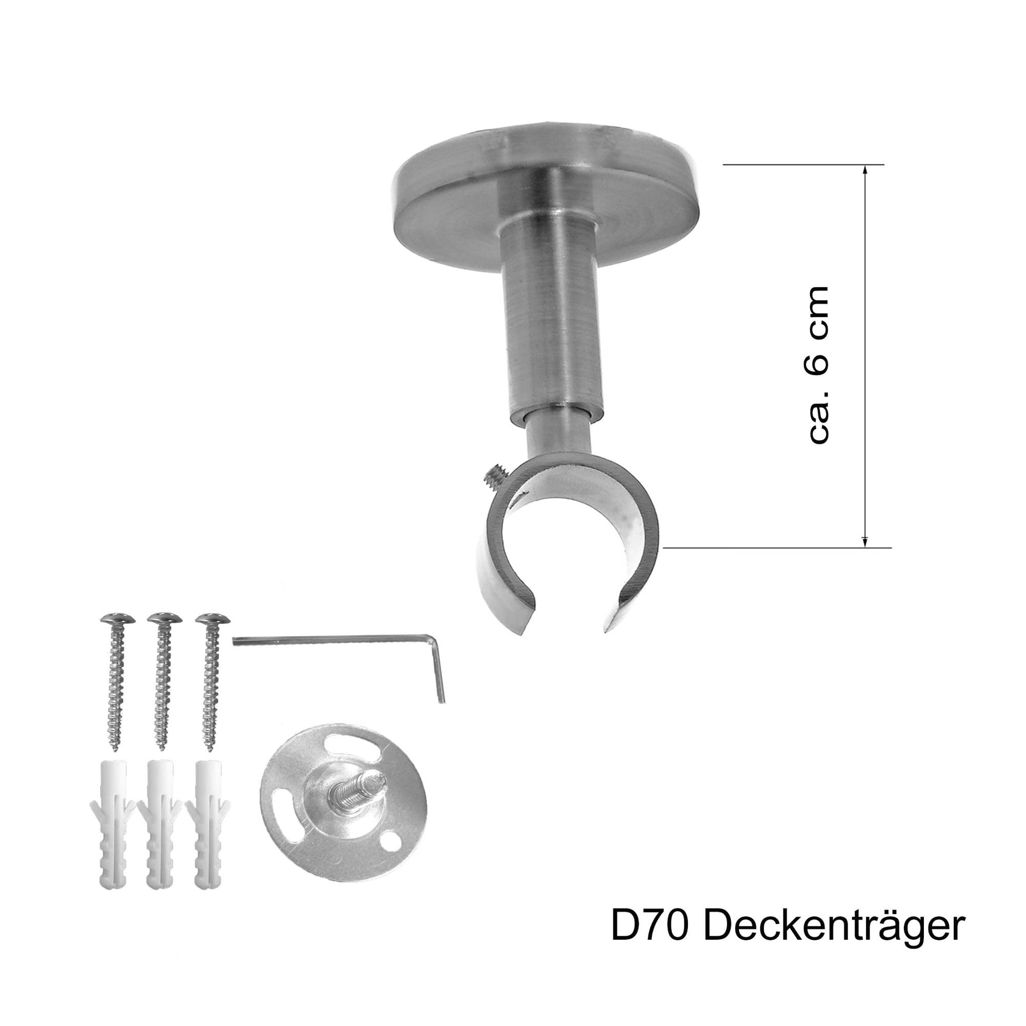 BASIT Gardinenstange Innenlauf Edelstahllook 16mm 1-läufig Decke 200cm D70 | Gardinenstangenset einläufig Deckenmontage Metall Vorhangstange Deckenhalterung 120-600cm wählbar Kappe mit Kristall E25