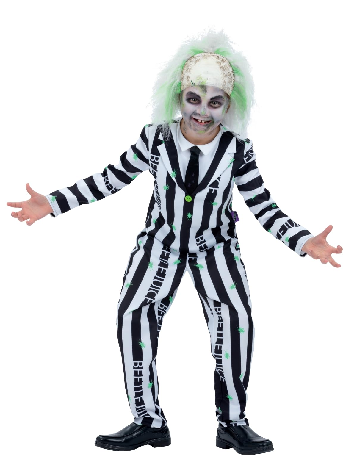 Smiffys Beetlejuice Adult Costume with Shirt Dress Collar Mock Tie and Cuffs Black and White Stripes Purple Zip Up Front Official Warner Brothers Licensed Halloween Costume with Matching Family
